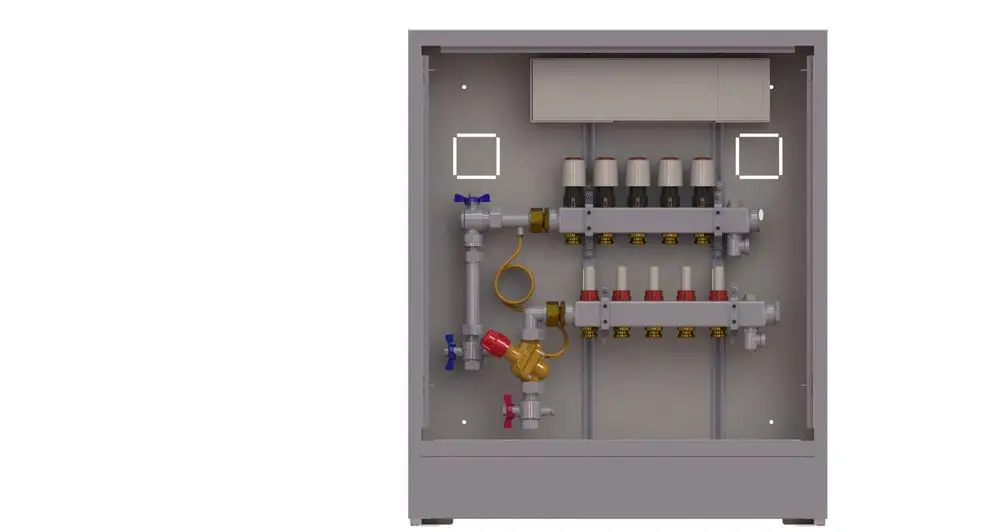 Danfoss Heizungsverteilerstation mit mehreren Regelventilen, Rohren und Anschlusskomponenten für die Heizungsinstallation, in einem kompakten Gehäuse.